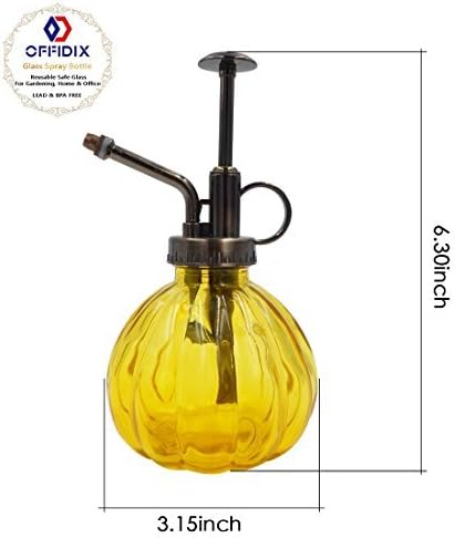 OFFIDIX Yellow Glass Watering Can Indoor, 6.3" Tall Vintage Style with Bronze Plastic Top Pump One Hand Spray Bottle
