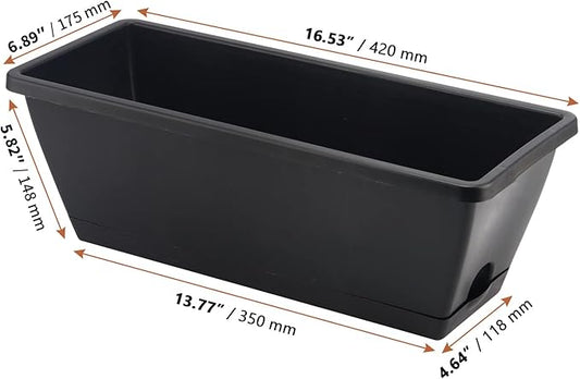 LEXININ 6 Pack 17 Inch Black Plastic Rectangular Window Planter Box, Window Vegetable Planter Box with Trays, Rectangular Flower Pots for Windowsill, Garden, Balcony, Patio, Black