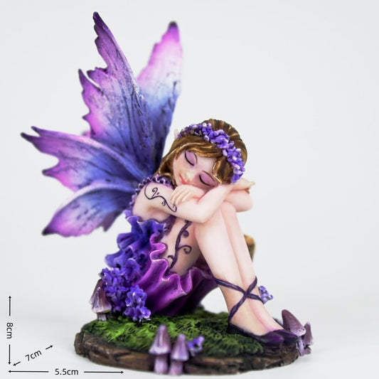 Fipcnbs Fantasy Purple Sleeping Fairy Figurine, 3.15 Inch Blue-Purple Gradient Elf Statue, Hand-Painted Resin Decor with Flower Crown & Mini Mushroom Base for Desk, Fairy Garden, Bedroom