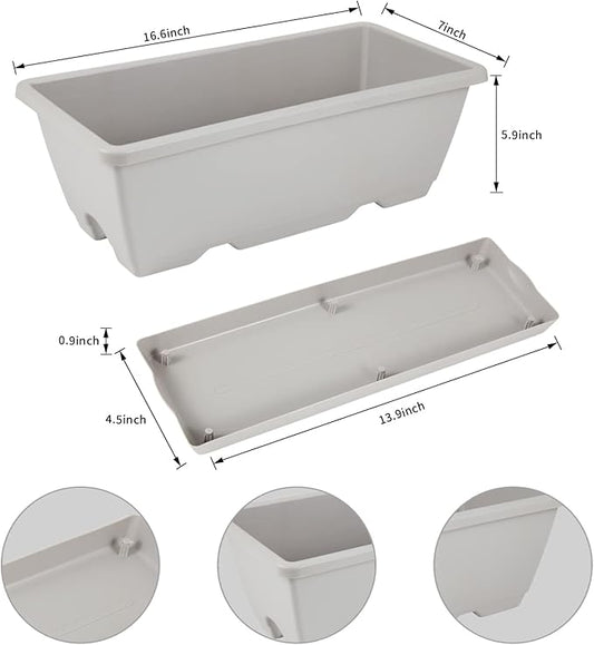 8pcs Window Box Planter, 17 Inches Flower Window Boxes, Rectangle Planters Box with Drainage Holes and Trays, Plastic Vegetable Planters for Windowsill Patio Garden Home Decor Porch Yard (Grey)