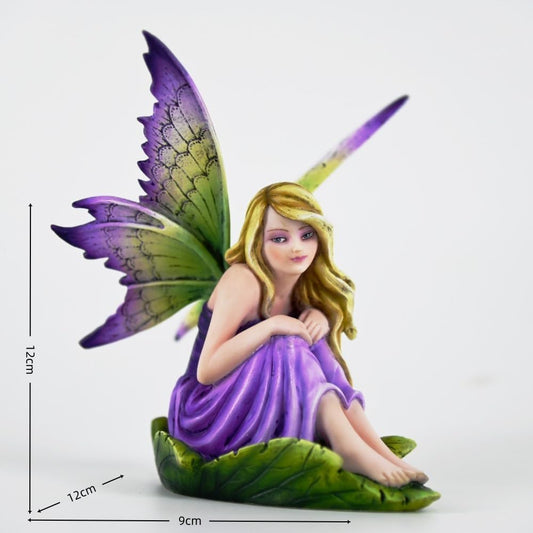 Fipcnbs Fantasy Purple-Green Gradient Wings Fairy Figurine, Leaf Base Elf Statue, Hand-Painted Resin Decor for Mini Fairy Garden, Desk & Succulent Display