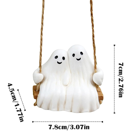 JARPSIRY Swing Ghost Couple Garden Statue Outdoor Halloween Decor, 3.1 Inch Cute Ghost Figurine Resin Sculpture Funny Tree Hanging Ornaments for Patio Lawn Yard