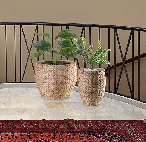 Vintiquewise Water Hyacinth Tall Wicker Floor Vase Planter Set of 2, Seagrass Wicker Vase with Metal Pot, Decorative Round Indoor Planters