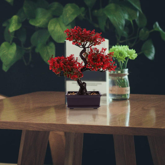 DOITOOL Artificial Bonsai Tree, Red Small Fake Plant Indoor Faux Potted Plant for Home Table Office Desk Bedroom Living Room Farmhouse Decorations, 14 Inch Height