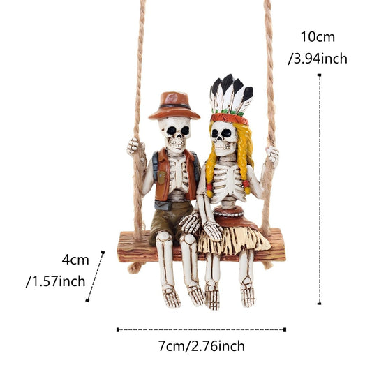 JARPSIRY Swing Indian Skeleton Couple Garden Statue, 3.94 Inch Small Skeleton Figurine Resin Sculpture Funny Tree Hanging Ornaments for Patio Lawn Yard Outdoor Halloween Decor