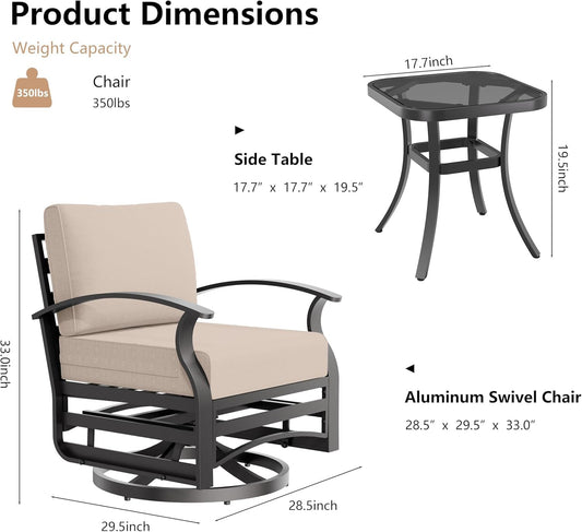 RTDTD 3 Piece Aluminum Swivel Rocking Chair Set, Outdoor Patio Swivel Gliders Chair with Glass Top Coffee Table, Conversation Furniture Set Suitable for Patio, Lawn, Outdoor, Back Garden(Brown)