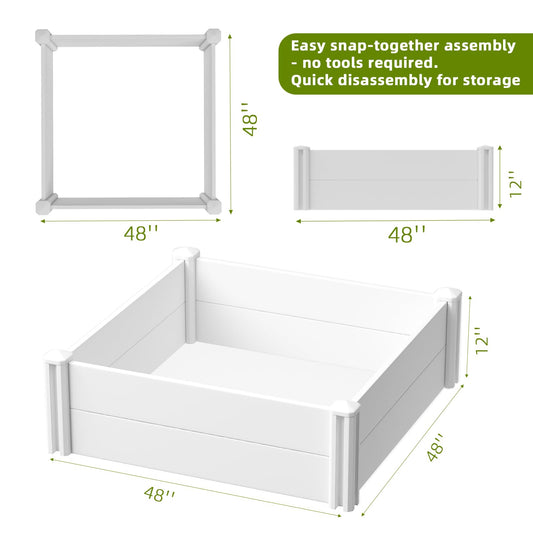 4'x4'x12" White Vinyl Raised Garden Bed, Screwless Modular Planter Box