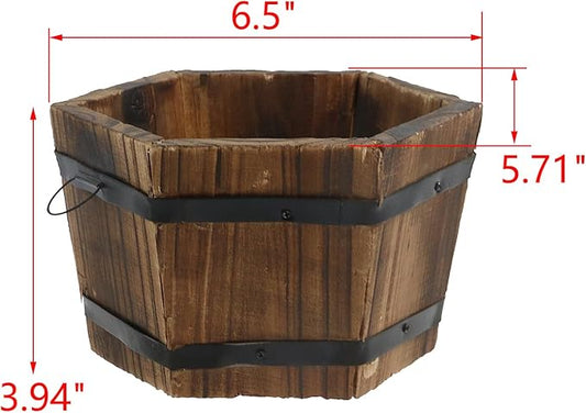 MY MIRONEY Plant Pots, Vintage Wooden Barrel Planter - Solid Rustic Garden Flower Pot with Metal Handles & Frame for Indoor Planter, Office Home Decor, Garden Home Plants, 6.5" x 3.94"
