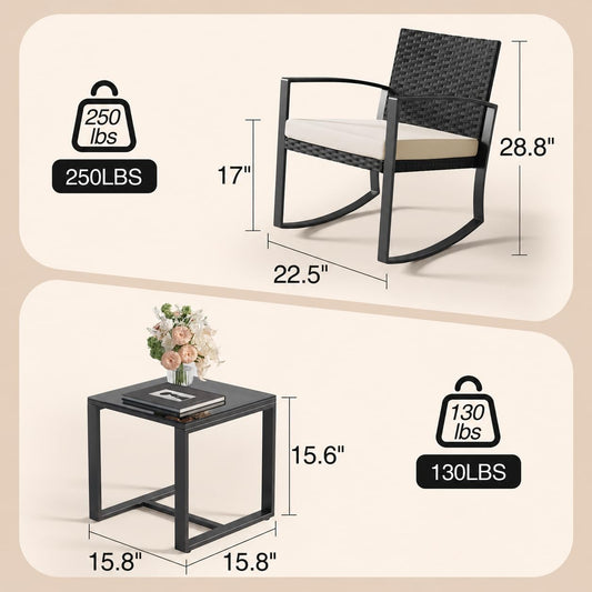 Qsun 3 Pieces Porch Furniture Set Patio Rocking Bistro Set Outdoor Patio Chairs Rattan Conversation Sets with Coffee Table for Front Porch Garden Balcony Backyard Poolside (Beige Cushion)