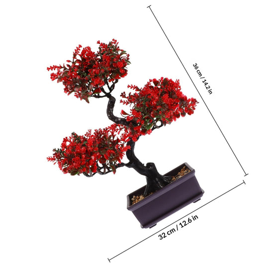 NUOBESTY Artificial Bonsai Tree, Red Fake Plant in Pot, 14" Faux Bonsai Potted Plant Ornament, Japanese Zen Decor for Indoor Home Office Desk, Small Tabletop Realistic Greenery