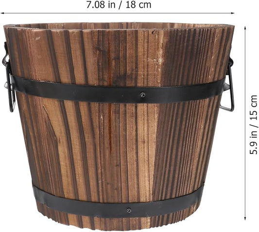 Wooden Barrel Flower Pot - Rustic Planter for Indoor & Outdoor Use with Drainage Holes - 7 Inch Brown Planter for Decorative Plants & Vegetables