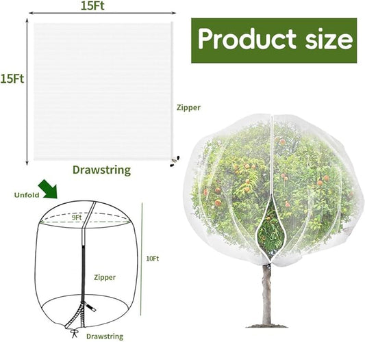 1 Pack Extra-Large Fruit Tree Covers for Birds and Squirrels(15X15ft) –Bird Nets for Fruit Trees with Zipper and Drawstring, Extra Large Durable Mesh Garden Netting to Protect Fruit Trees– Reusable