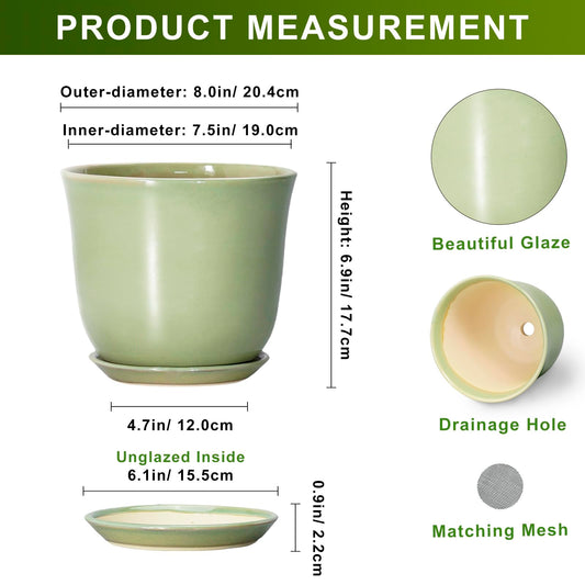 SUNPOTFOR Ceramic Flower Pots - 8 Inch Plant Pot Drainage Hole and Saucer, Round Plant Pot with for Indoor Outdoor, Modern Planter, Decorative Planter, Home Porch Room Decor, Housewarming Gift, Green