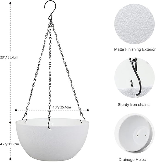 Meowell 10 inch Hanging Planters for Indoor Outdoor Plants, 2 Pack Hanging Flower Pots with Drainage Holes and Chain for Garden Balcony Porch, Round Plastic Hanging Baskets for House Plants, White