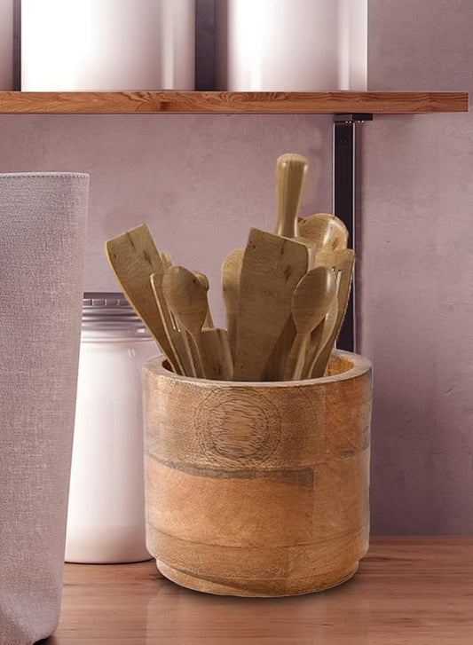 Serene Spaces Living Small Mango Wood Cachepot, Natural Wooden Pot for Faux Flowers & Plants, Potted Indoor Plants, Home, Office, Restaurant Decor, Measures 4.75" Diameter & 4.5" Tall