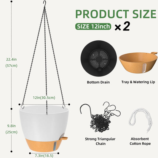 ZMTECH 12 Inch Hanging Planters for Indoor Outdoor Plants, 2 Pack Self Watering Hanging Plant Pots with Drainage Hole, Visual Reservoir, Plastic Flower Hanging Pots with Watering Lip (White)