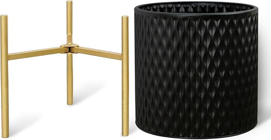 ARNIS Plants Pots with Stand, Large Size Flower Pots, Set of 2 Unique Mid Century Decorative Metal Flower Pots with Drainage,10.5&12.25 Inch, Black