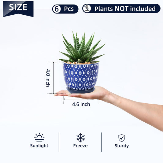 Selamica Ceramic Succulent Pots, 4.6 Inch Small Plant Pots with Drainage Holes & Saucers, Succulent Planters for Indoor Plants Cactus, Home Decor, Set of 6, Vintage Blue