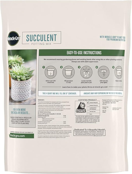 Miracle-Gro Succulent Potting Mix - Fertilized Soil with Premium Nutrition for Indoor Succulents, 4 qt. (2-Pack)
