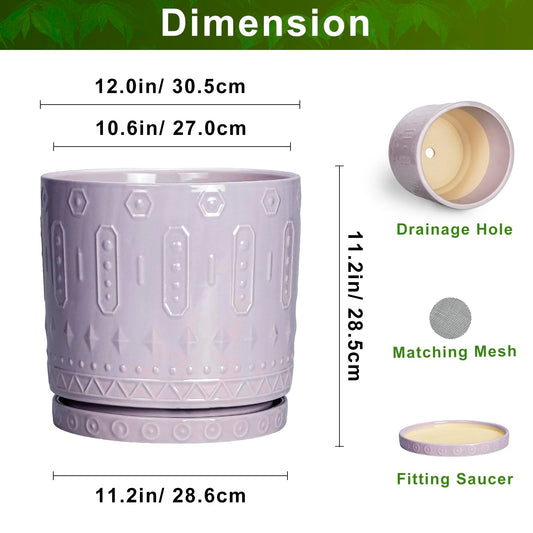 Eightpot Ceramic Plant Pots, 12 Inch Pots for Plants Indoor Outdoor, Round Planter with Drainage Hole and Tray, Modern Decorative Flower Pot, Home Apartment Decor, House Warming Gifts, Purple