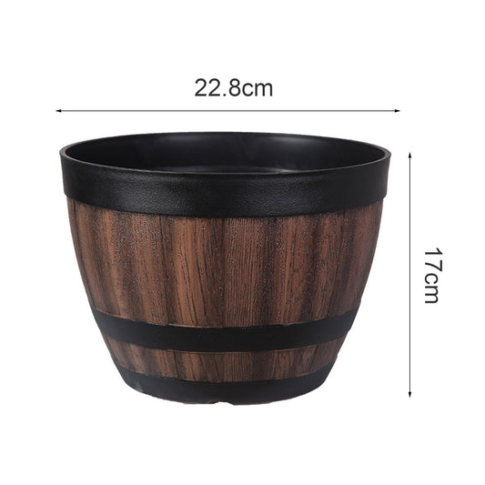cdar Whiskey Barrel Plant Pots,Upgrade Wood Finish Flower Pots,Plastic Wine Barrel Design Planters with Saucer and Drainage,for Outdoor Indoor Plants & Garden,Brown 1
