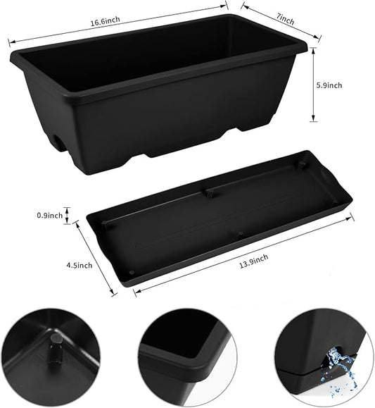 8pcs Window Box Planter,17 Inches Flower Window Boxes,Rectangle Planters Box with Drainage Holes and Trays, Plastic Vegetable Planters for Windowsill Patio Garden Home Decor Porch Yard (Black)
