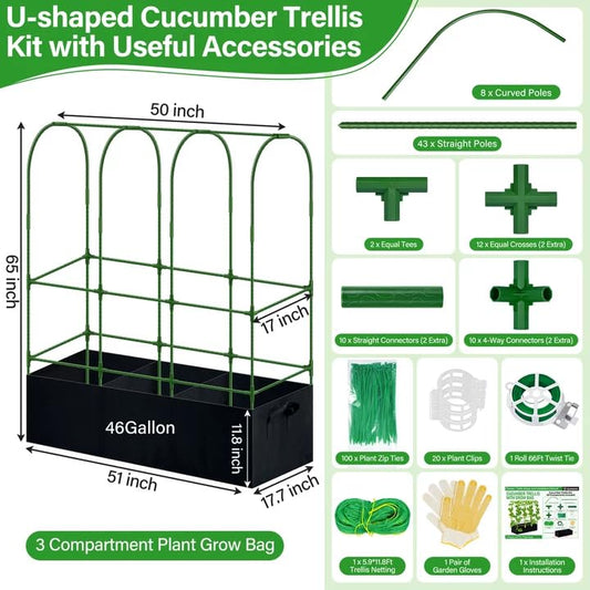 Sunwinx Garden Cucumber Trellis for Climbing Plants Outdoor with Grow Bag, 65x50 Inch Large U-Shaped Cucumber Trellis for Raised Bed, Metal Arch Plant Trellis for Vegetable Grape Pea Bean Vine Squash