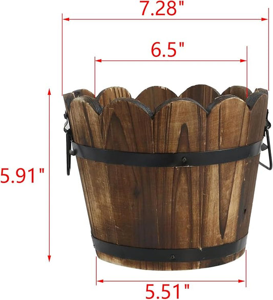 MY MIRONEY Plant Pots, Vintage Wooden Barrel Planter - Solid Rustic Garden Flower Pot with Metal Handles & Frame for Indoor Planter, Office Home Decor, Garden Home Plants, 7.28" x 5.91"