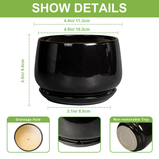 G EPGardening Small Ceramic Planter - 4 Inch Succulent Pots with Drainage Hole & Sacuer, Flower Pots for Indoor Outdoor Plants, Modern Decorative Round Planter, Room Decor, House Warming Gifts, Black
