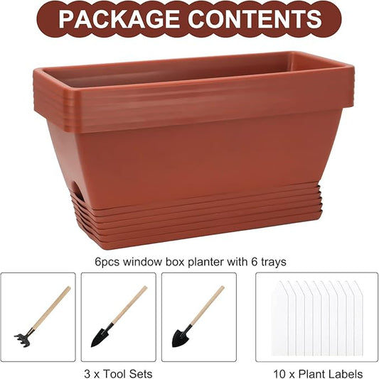 Window Box Planter, 6 Packs 17 Inches Rectangle Planters Box with Drainage Holes and Trays, Vegetable Planters for Windowsill Patio Garden Home Decor Porch Yard Red