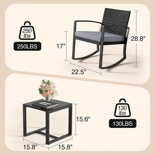 Qsun 3 Pieces Patio Furniture Set Rocking Bistro Set Outdoor Rattan Conversation with Coffee Table for Garden Balcony Backyard Poolside (Grey Cushion)