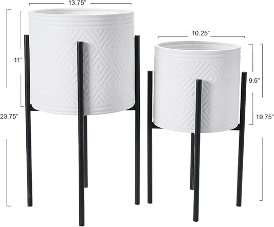 Main + Mesa Modern Boho Embossed Metal Planters with Stands, White and Black, Set of 2 Sizes