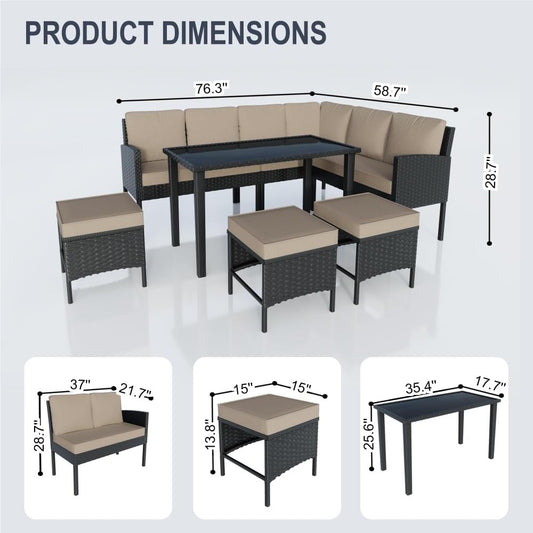 7 Pieces Outdoor Dining Patio Furniture Set Outside PE Rattan Wicker Conversation Sets Sofa with Glass Table Extra Seating for Small Space Backyard Porch Balcony(Blue)