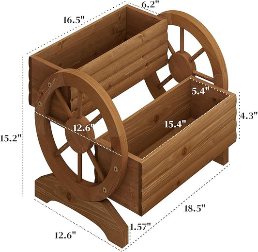 Garden Planter with Wheels, Wooden Wagon Box, Decorative Planter for Flowers Herbs Vegetables for Indoor & Outdoor Décor Flower Cart for Patio Garden Balcony (Brown)