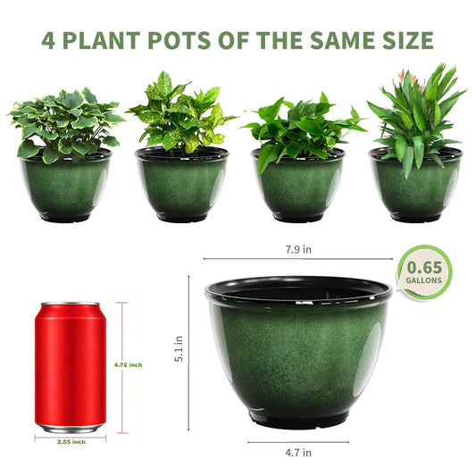 8Inch Plastic Plant Pots,4Pack Glazed Flower Pots for Indoor Outdoor Plants