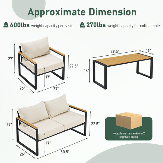 Furnimart 4-Piece Metal Patio Conversation Set, Deep Seating Outdoor Sofa with Coffee Table, Modern Small Space Furniture for Backyard, Deck, Poolside, Porch (Beige)