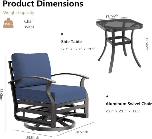 RTDTD 3 Piece Aluminum Swivel Rocking Chair Set, Outdoor Patio Swivel Gliders Chair with Glass Top Coffee Table, Conversation Furniture Set Suitable for Patio, Lawn, Outdoor, Back Garden(Dark Blue)