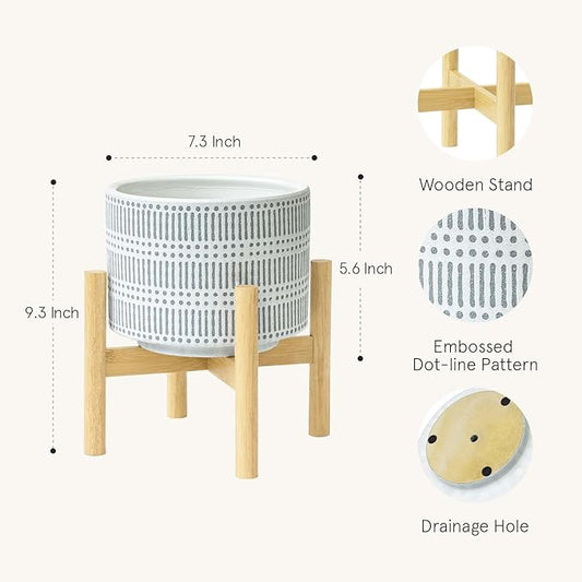 LA JOLIE MUSE Ceramic Plant Pot with Wood Stand - 7.3 Inch Modern Round Decorative Flower Pot Indoor with Wood Planter Holder, Slate Blue and White