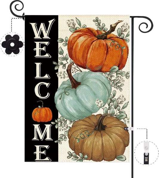 Baccessor Fall Pumpkins Garden Flag 12.5 x 18 Inch Double Sided Harvest Autumn Eucalyptus Leaves Welcome Thanksgiving Holiday Small Burlap Flag Seasonal Outside Patio Outdoor Decoration