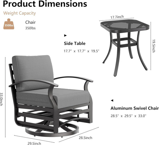 RTDTD 3 Piece Aluminum Swivel Rocking Chair Set, Outdoor Patio Swivel Gliders Chair with Glass Top Coffee Table, Conversation Furniture Set Suitable for Patio, Lawn, Outdoor, Back Garden(Gray)