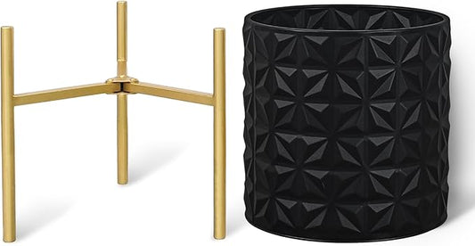 ARNIS Modern Planter Pots, Set of 2 Large Planters with Stand, Decorative Planters, Metal Pots with Drainage Holes for Living Room, Office, Garden or Balcony, 10.5 &12.25 Inch, Matte Black