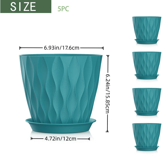SQKH 7 Inch Plant Pots 5 Pack, Flower Planters with Drainage Holes and Trays,Plastic Pots for Indoor Outdoor Plants,Green