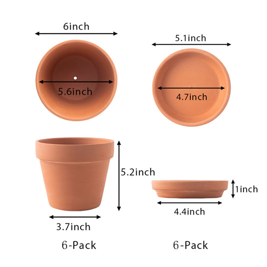 Yishang Large Terra Cotta Pots with Saucer- 6 Pack Large 6'' Terra Cotta Plant Pot with Drainage Hole, Flower Pot with Tray, Terracotta Pot for Indoor Outdoor Plant