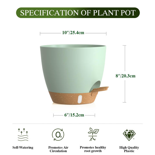 KUGAZ Self Watering Pots with Drainage Holes, 2 Pack 10 Inch Plant Pots with Water Level Indicator Deep Reservoir, Large Plastic Planter for Indoor Outdoor Plants - Green