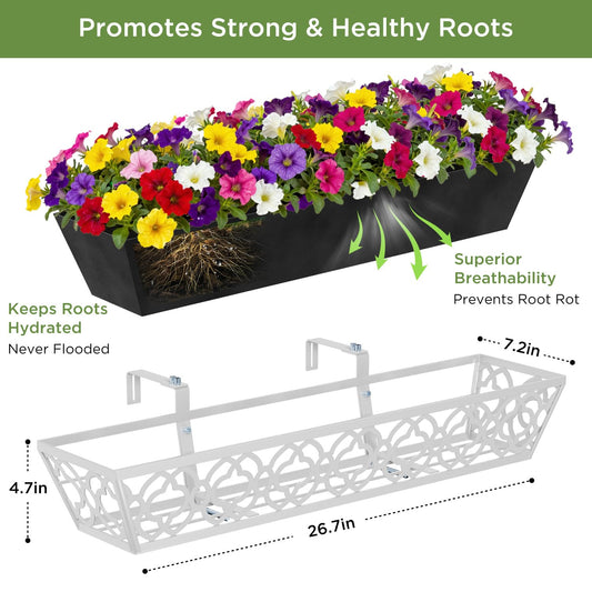 Y&M 2Pack 30'' Metal Railing Planter Box with Black Non-Woven Fabric Liner, Flower Boxes with Adjustable Brackets, Large Hanging Window Boxes for Fence, Deck, Balcony, and Garden - Gray 2p