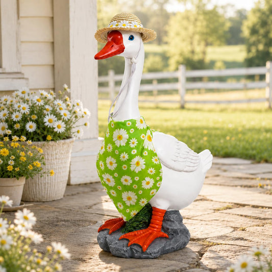 RiKoDaM Large Porch Goose Statue with Daisy Flower Clothes,Yellow,20In