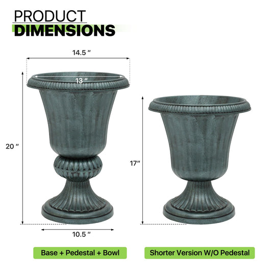 Magshion 20" Tall Plastic Urn Planters for Outdoor Plants, Antique Green