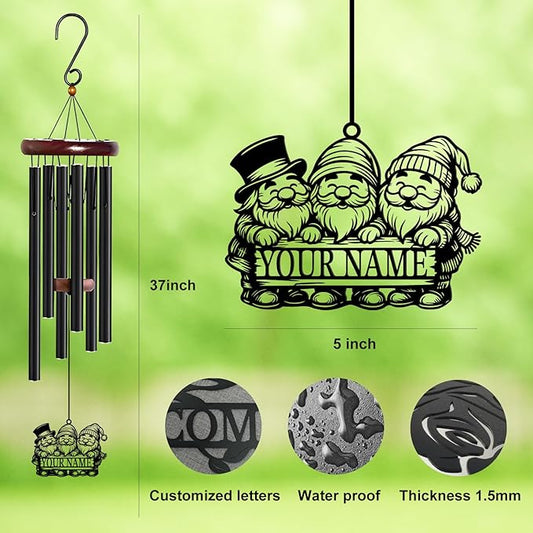 Personalized Customize Name Gnome Wind Chime, Metal Iron 37 Inch Outdoor Memorial Gift for Garden Yard Patio Home Decor, Black,Christmas (Style J)