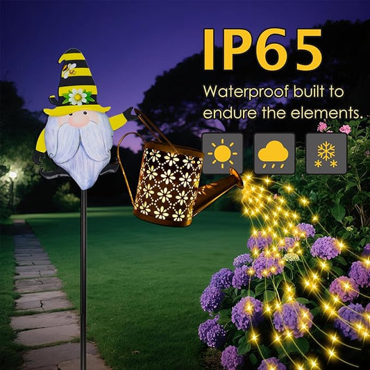 Solar Watering Can with Cascading Lights Outdoor Garden Decor, Gnome Shaped Hook Gardening Gifts for Mom Women Grandma Birthday, Solar Lights for Garden Decorations Patio Yard Lawn Backyard