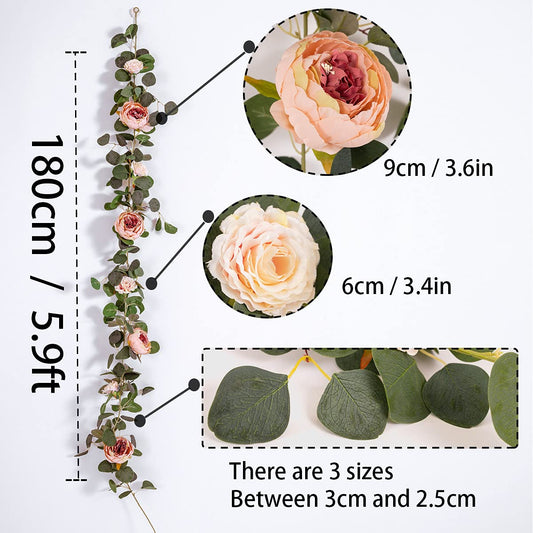 MISSPIN 2pcs Artificial Flowers Garland Spring Eucalyptus Garland Vintage Fake Flower Peony Rose Vine Greenery Decorative Wall Hanging Plant for Wedding Arch Door Arrangement Party Decor